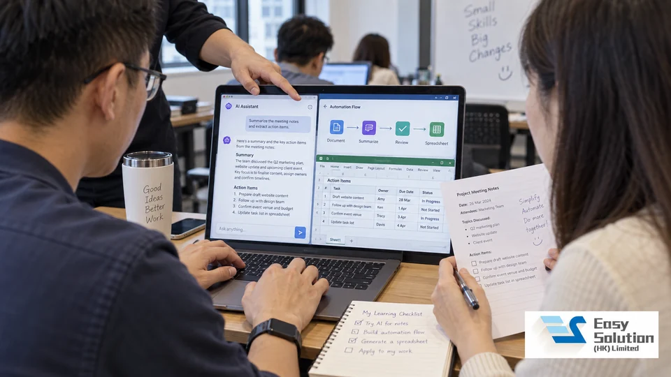 AI 工作坊課程場景：學員在筆記型電腦建立提示詞、文件摘要及試算表自動化流程 / AI integration masterclass scene